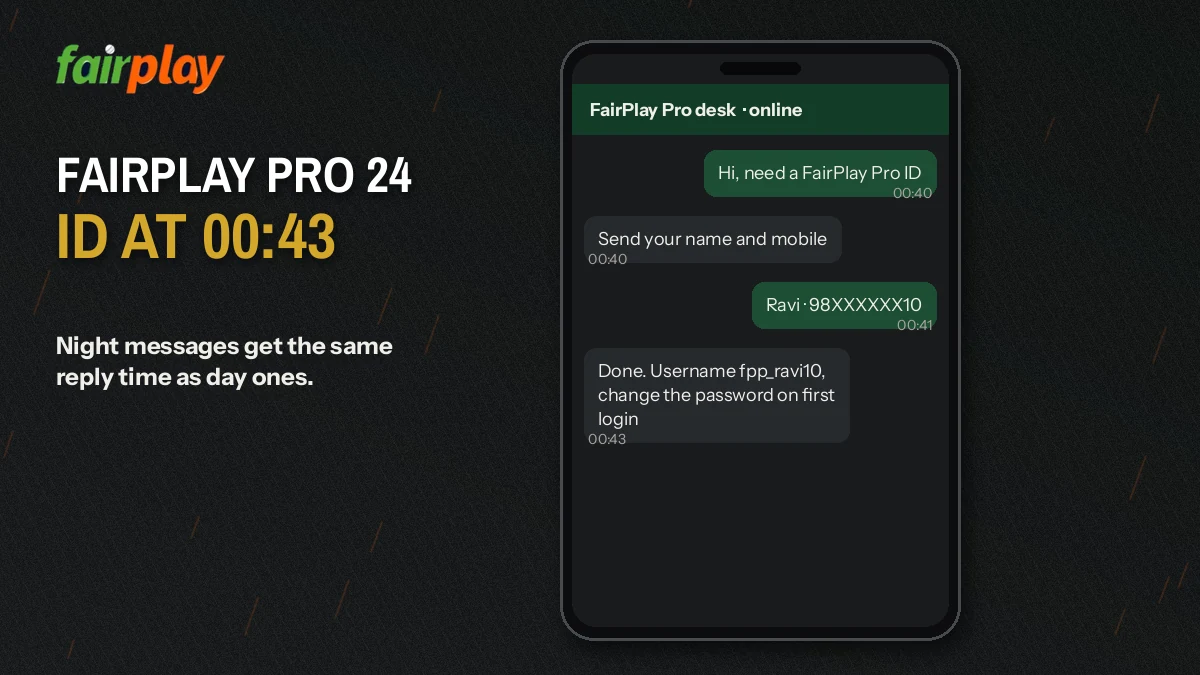 Phone screen showing a FairPlay Pro 24 WhatsApp chat with a name and mobile request sent after midnight