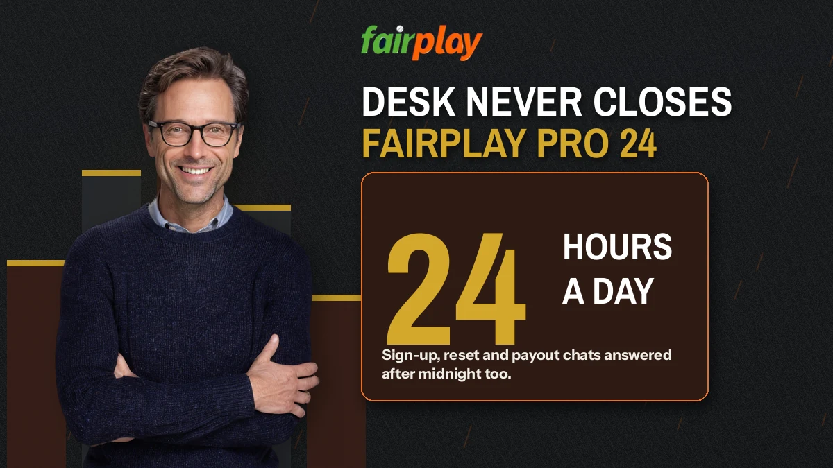 FairPlay Pro night desk card with a large 24 and the same-ID note beside a support agent