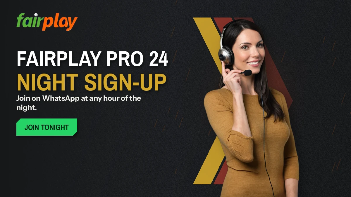 A FairPlay Pro desk agent with a headset answering a late-night sign-up request on WhatsApp