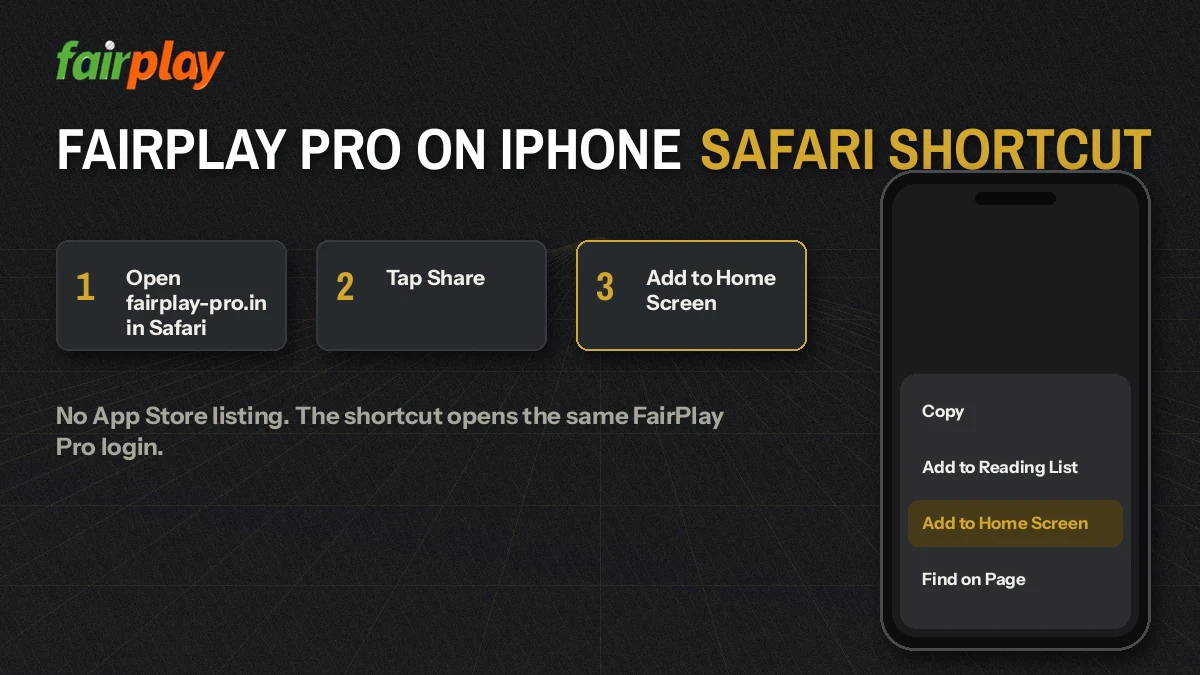 iPhone home screen with the FairPlay Pro Safari shortcut pinned beside other apps