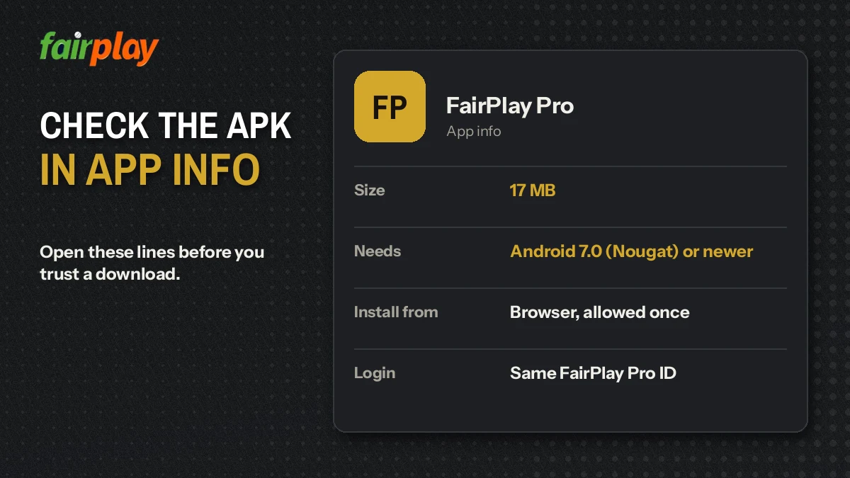 Android settings screen showing the FairPlay Pro app version under App info