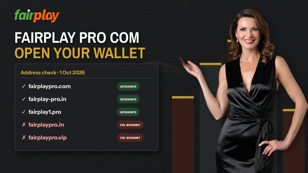 Smiling host points at a dated board of FairPlay Pro dot-com addresses