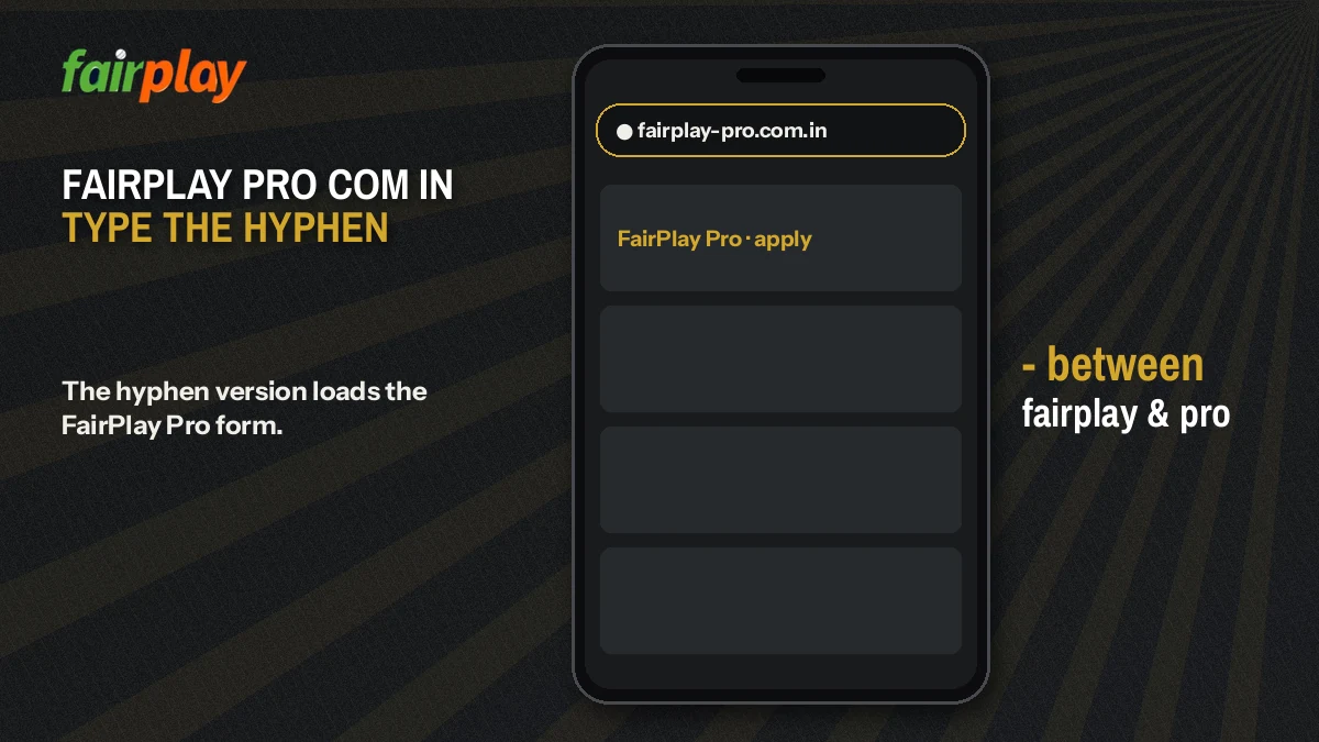 Phone address bar showing the hyphenated FairPlay Pro com.in name before sign-in