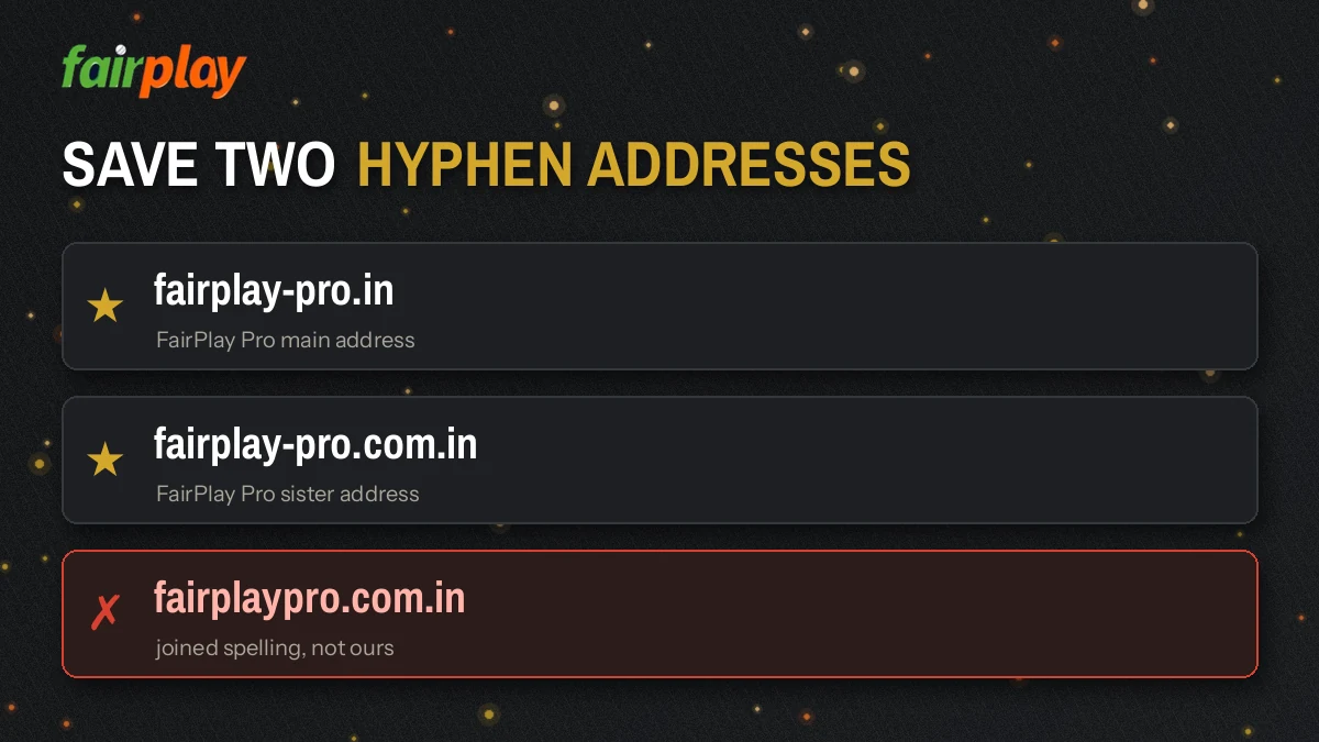 Bookmark list with the two hyphenated FairPlay Pro addresses saved side by side