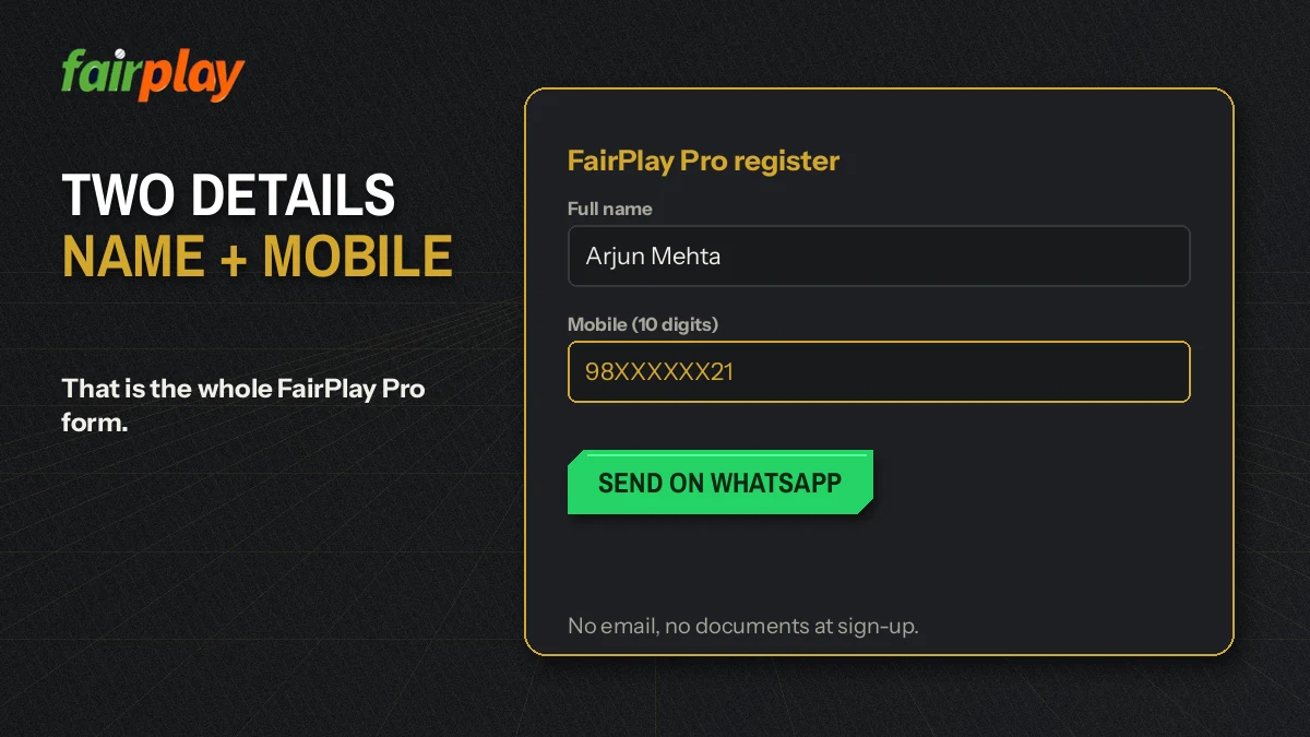 Phone screen showing the name and ten-digit mobile fields of the FairPlay Pro request form