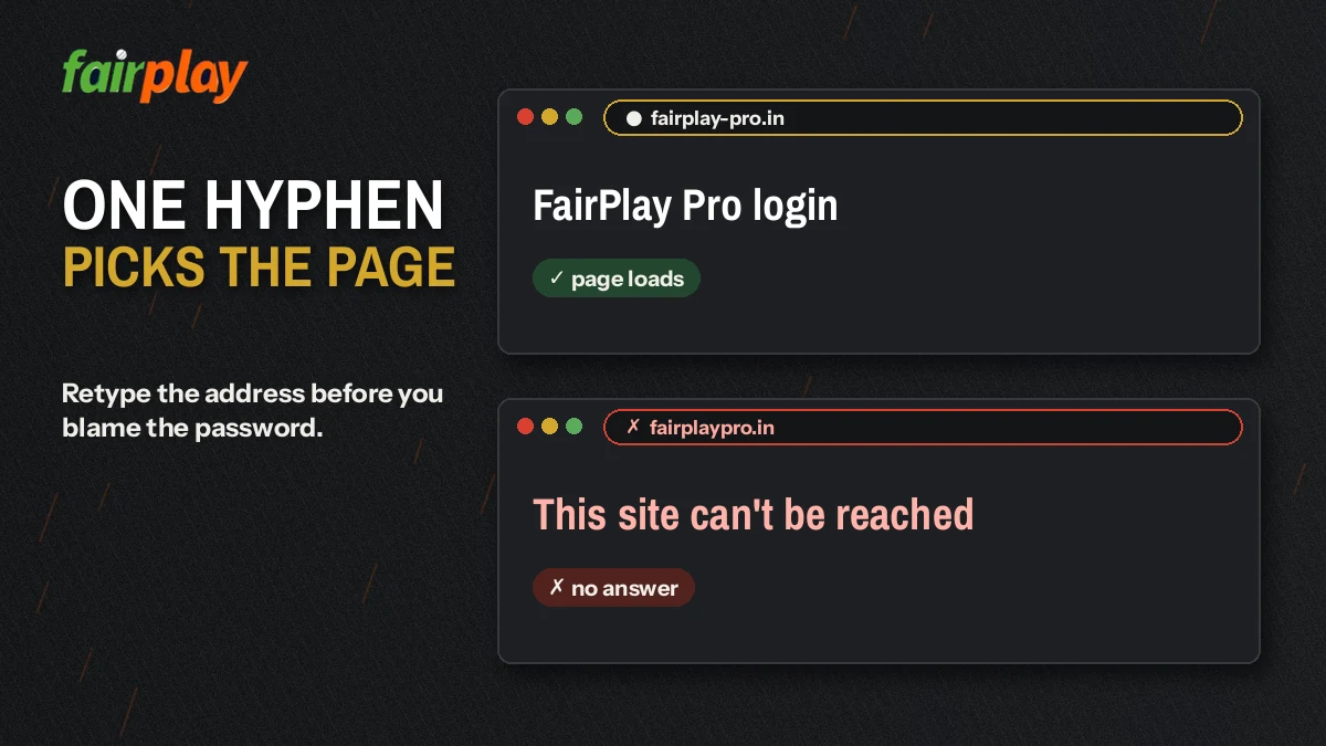 Side by side browser bars comparing the hyphenated FairPlay Pro .in name with the joined spelling