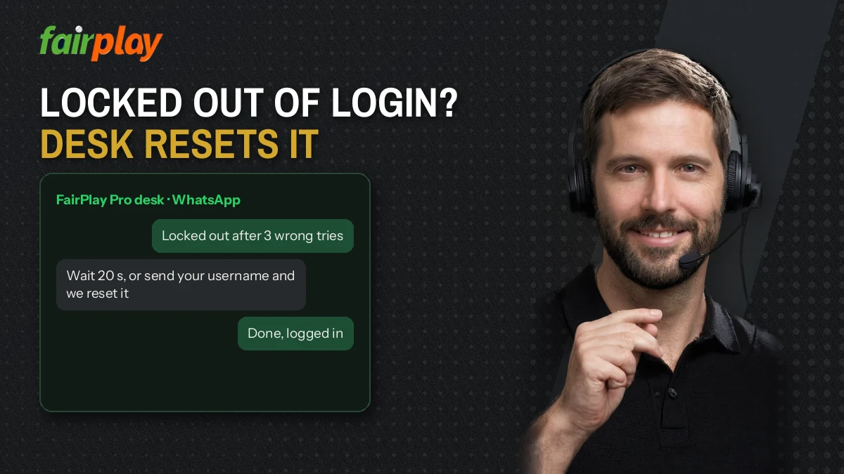 Desk agent with a headset reading a FairPlay Pro access message that includes a browser error screenshot