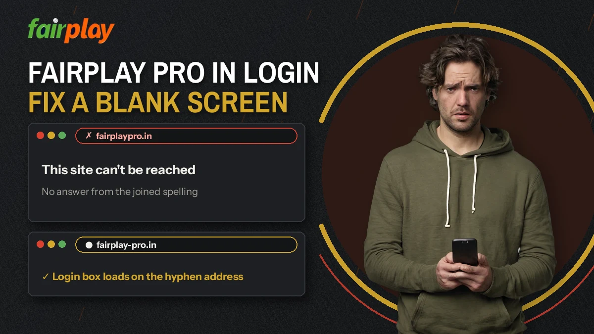 Player holding a phone that shows a browser error after typing the unhyphenated FairPlay Pro address