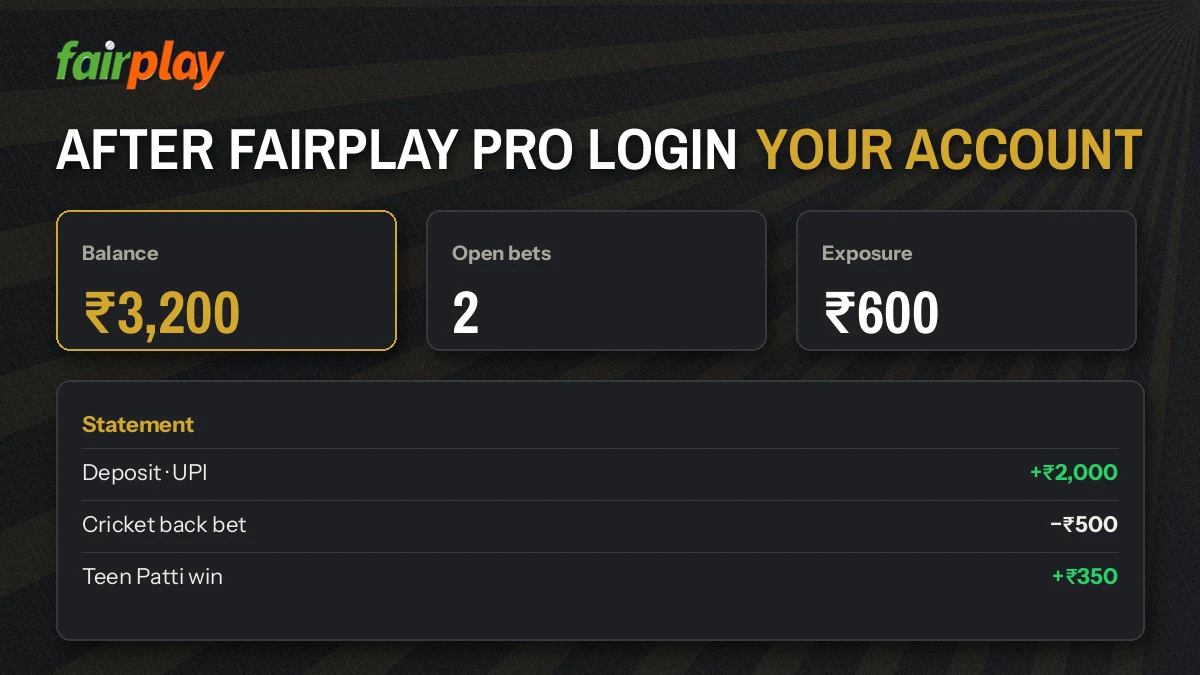 Account screen after signing in showing the rupee balance, open bets and statement links