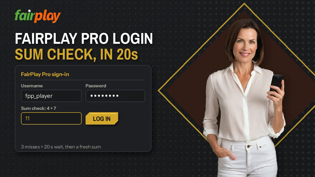 Smiling player holding a phone beside the FairPlay Pro sign-in box with its addition check