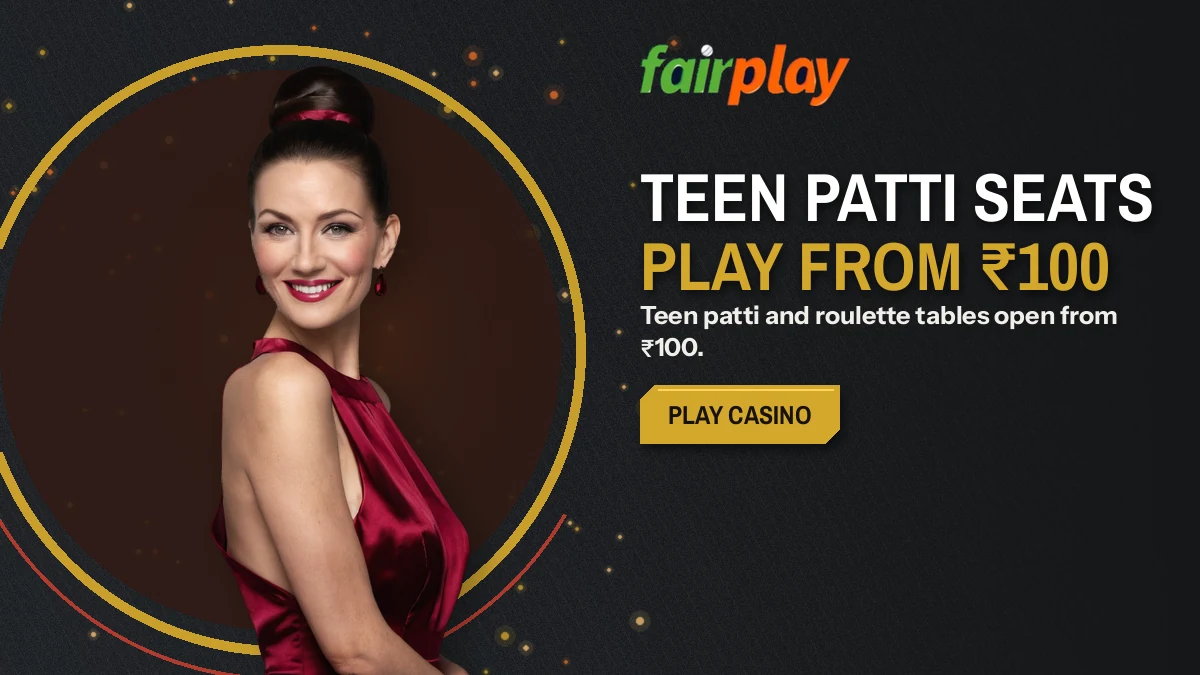 Casino hostess beside a teen patti table showing the ₹100 seat on FairPlay Pro