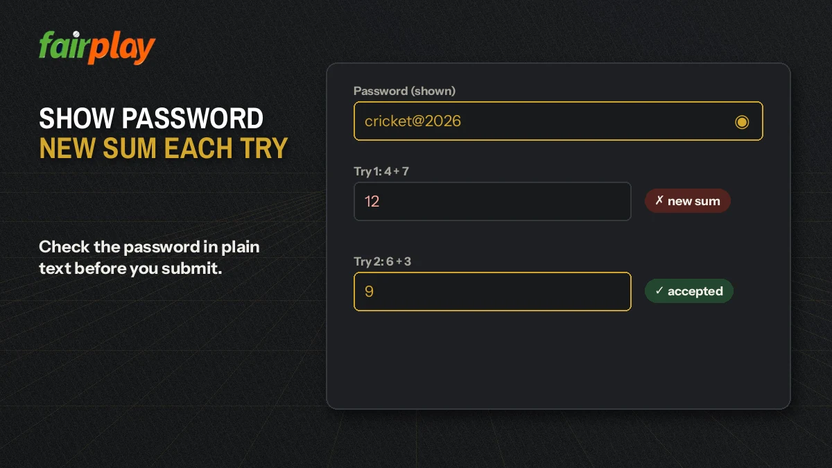 Password shown in plain text next to a freshly drawn sum on the FairPlay Pro sign-in box