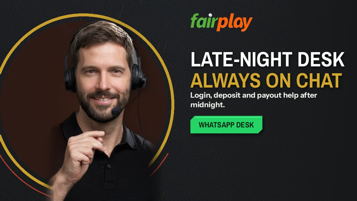 Desk agent wearing a headset answering FairPlay Pro questions on a late-night WhatsApp chat