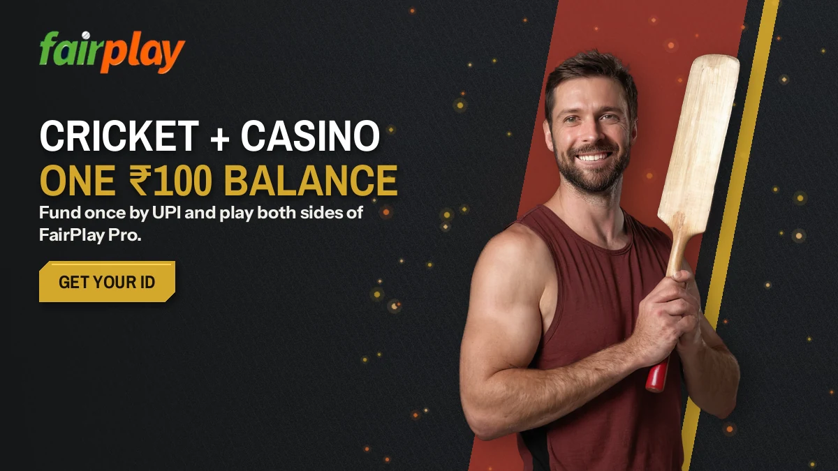 FairPlay Pro lobby banner pairing a cricket market and a casino table on one ₹100 balance