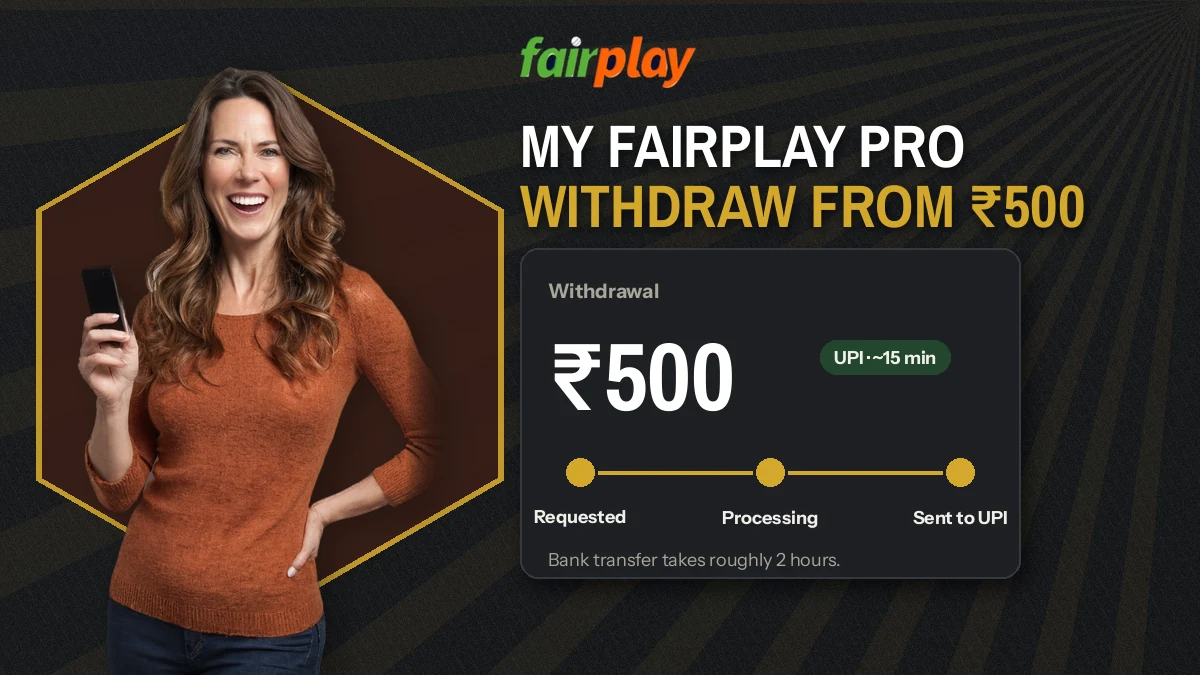 Player reading a FairPlay Pro balance and a ₹500 UPI payout request on a phone